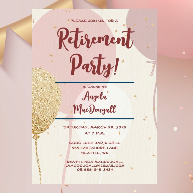 Invitación Fiesta de Jubilación Rosa y Oro (Retirement Party, Pink & Gold Balloons Invitation)