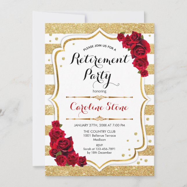 Invitación Fiesta de Jubilación - Rosas de bandas blancas de  (Anverso)