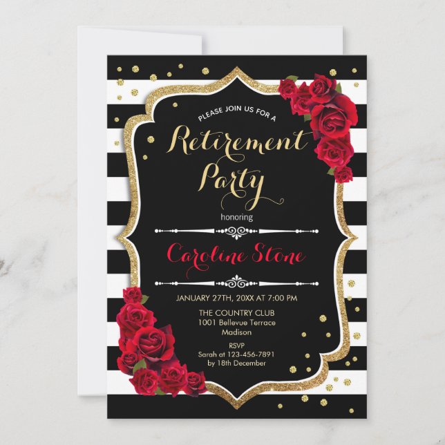 Invitación Fiesta de Jubilación - Rosas de franjas blancas ne (Anverso)