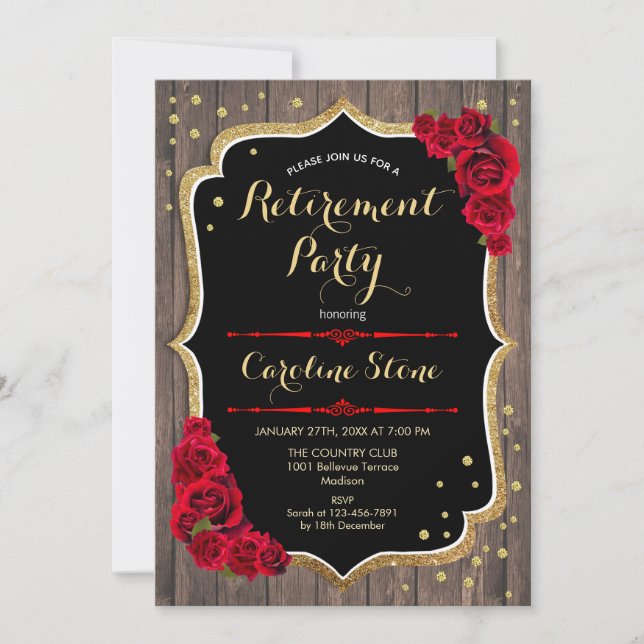 Invitación Fiesta de Jubilación - Rosas Rojas Rojas de Madera (Anverso)