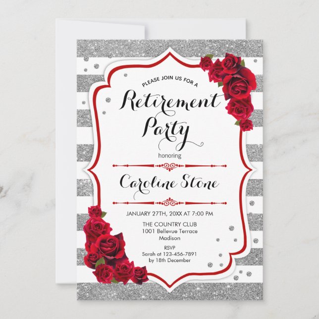 Invitación Fiesta de Jubilación - Rosas Silver White Strips (Anverso)
