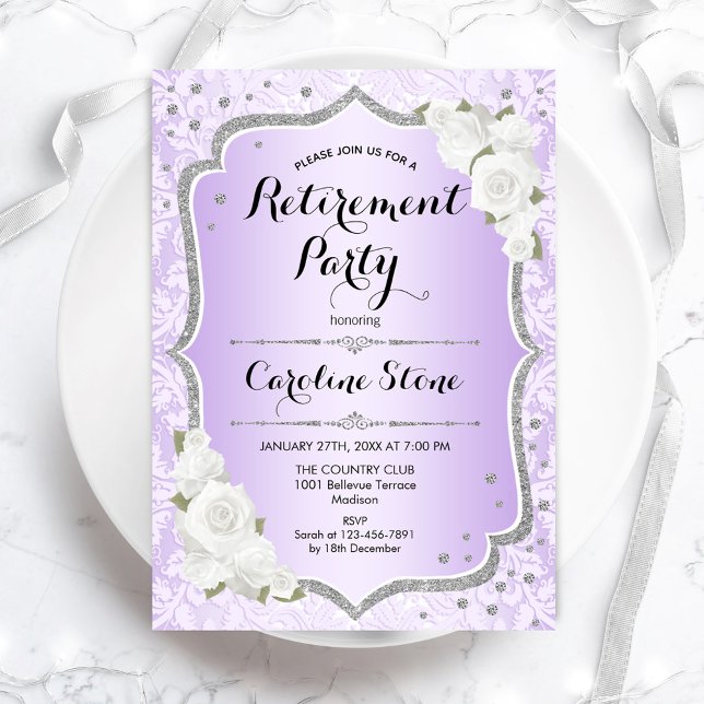 Invitación Fiesta de Jubilación - Roses Blancas Plateadas Púr (Subido por el creador)