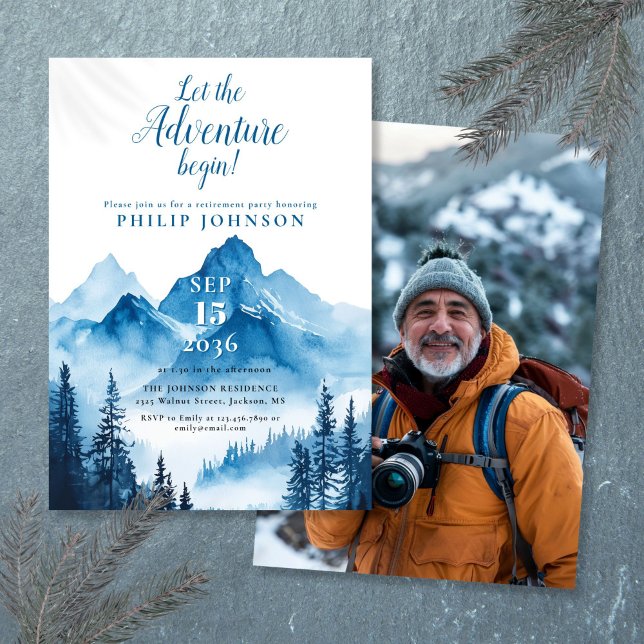 Invitación Fiesta de Jubilación Rusa Adventure Begin Mountain (Rustic Adventure Begin Mountain Retirement Party Invitation)