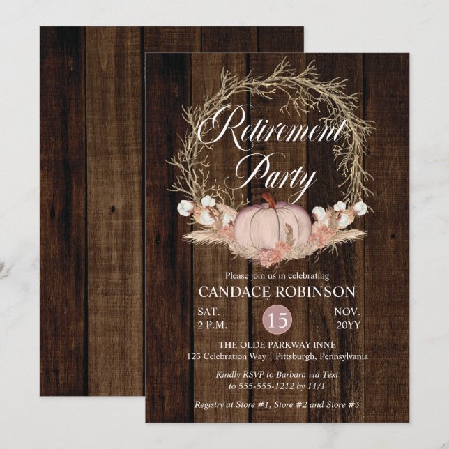 Invitación Fiesta de Jubilación Rusa de Calabaza Pampas (Anverso / Reverso)