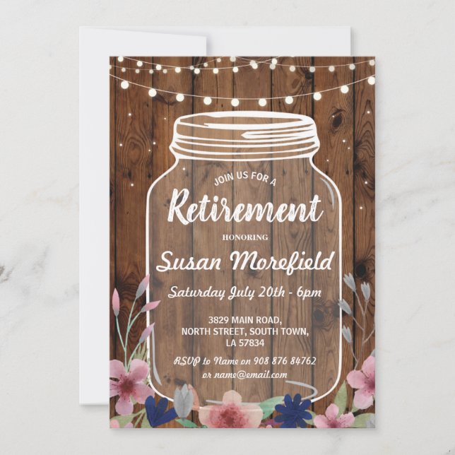 Invitación Fiesta de Jubilación Rustic Jar Wood Floral Invita (Anverso)