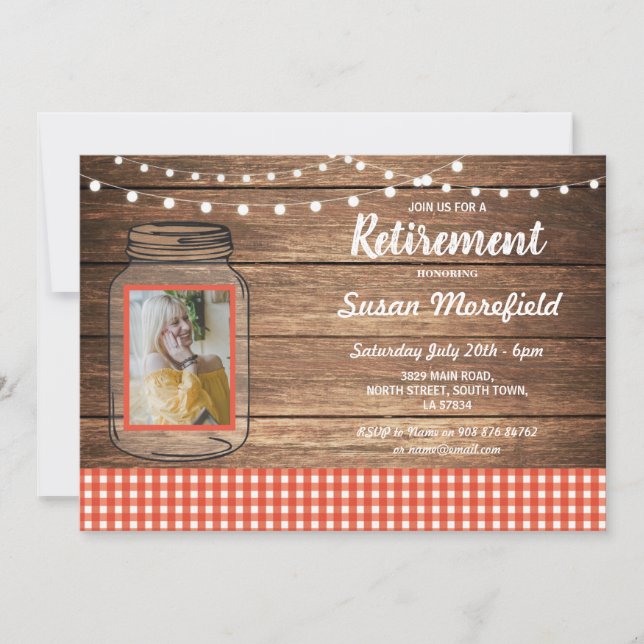Invitación Fiesta de Jubilación Rustic Jar Wood Red Gingham P (Anverso)