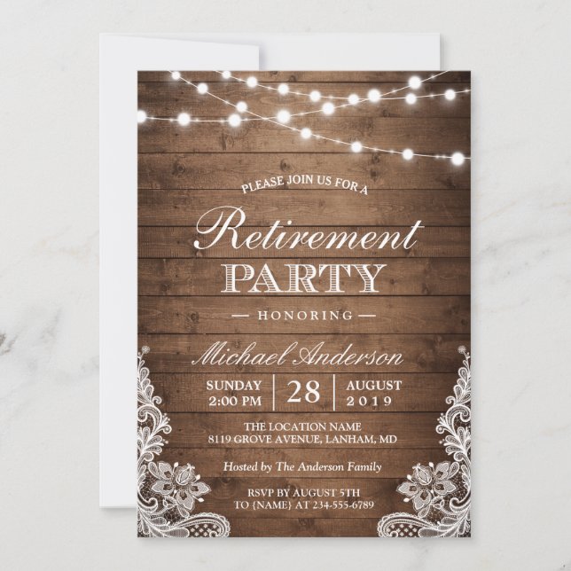 Invitación Fiesta de Jubilación | Rústica Cadena De Madera Lu (Anverso)