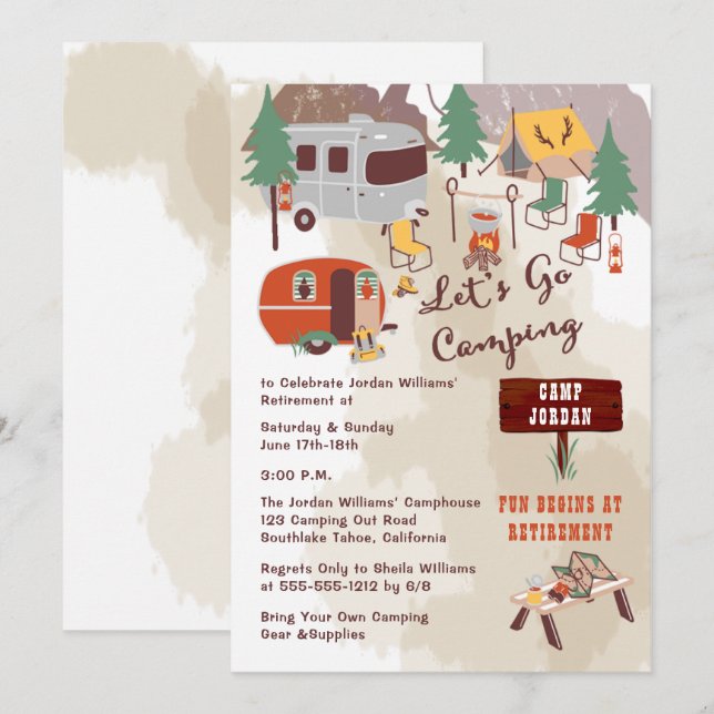 Invitación Fiesta de Jubilación Rústica Vamos Camping (Anverso / Reverso)