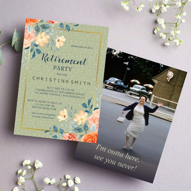 Invitación Fiesta de Jubilación Rústico Elegante de Acuarela  (Rustic Elegant Floral Watercolor Retirement Party Invitation)