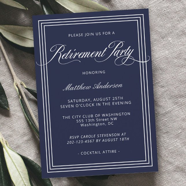 Invitación Fiesta de Jubilación Sencilla y Elegante de Navy B (Subido por el creador)
