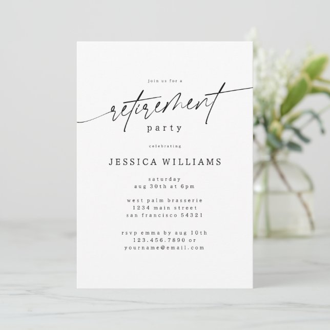 Invitación Fiesta de Jubilación Simple Elegante Guión Mínimo (Anverso de pie)