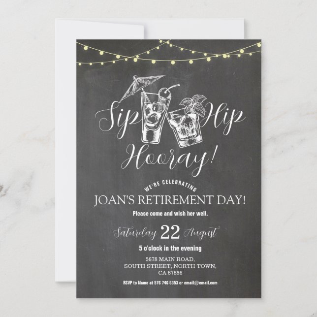 Invitación Fiesta de Jubilación Sip Hip Hooray Cocktails Chal (Anverso)