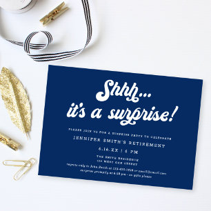 Invitación Fiesta de jubilación sorpresa con letra azul retro
