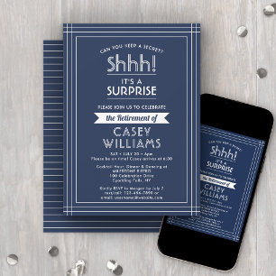 Invitación Fiesta de Jubilación Sorpresa Elegante Azul Marino
