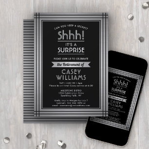 Invitación Fiesta de Jubilación Sorpresa Elegante Negro Plata