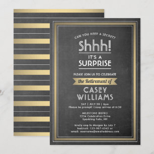Invitación Fiesta de Jubilación Sorpresa Elegante Pizarra Oro