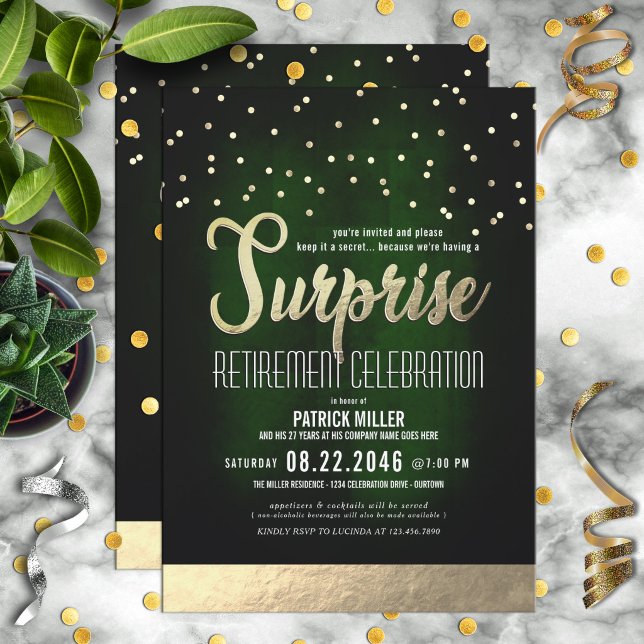 Invitación Fiesta de jubilación sorpresa elegante verde y dor (Subido por el creador)