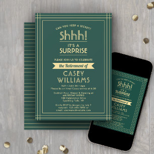 Invitación Fiesta de Jubilación Sorpresa Elegante Verde y Dor
