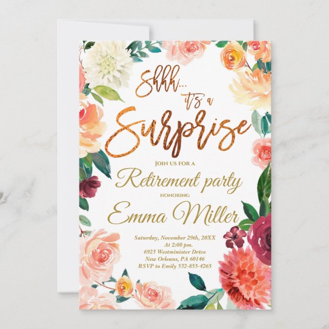 Invitación Fiesta de Jubilación Sorpresa, Jubilación Floral (Anverso)
