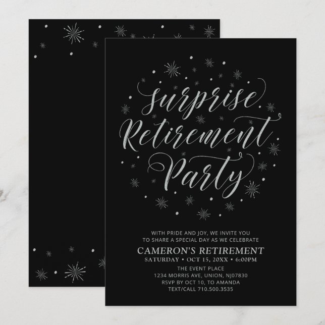 Invitación Fiesta de jubilación sorpresa moderna Silver & Bla (Anverso / Reverso)