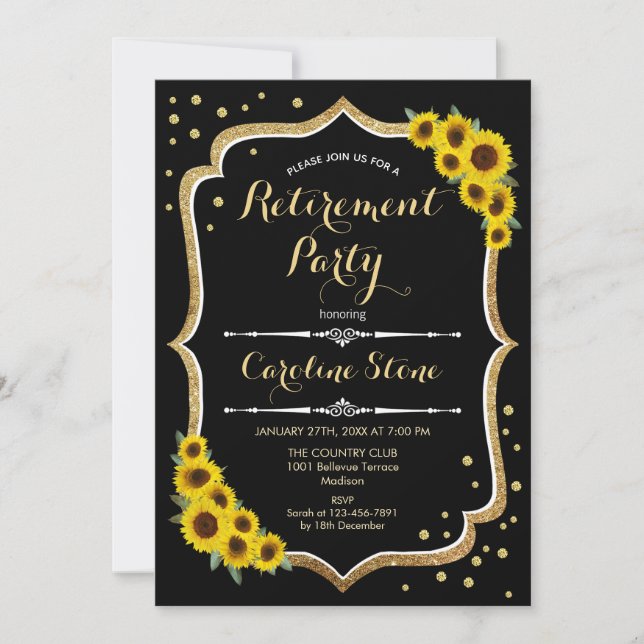 Invitación Fiesta de Jubilación - Sunflowers Black Gold (Anverso)