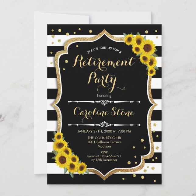 Invitación Fiesta de Jubilación - Sunflowers Black White Stri (Anverso)