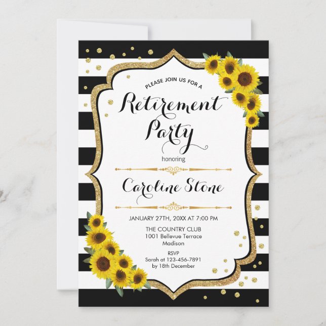 Invitación Fiesta de Jubilación - Sunflowers Black White Stri (Anverso)