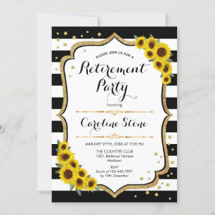 Invitación Fiesta de Jubilación - Sunflowers Black White Stri