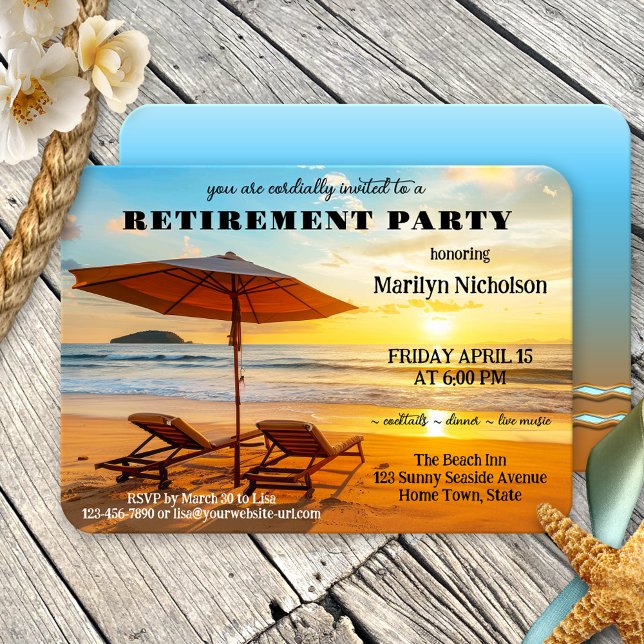 Invitación Fiesta de Jubilación Sunny Beach (A relaxing retirement party invitation featuring lounge chairs on the beach at sunset)