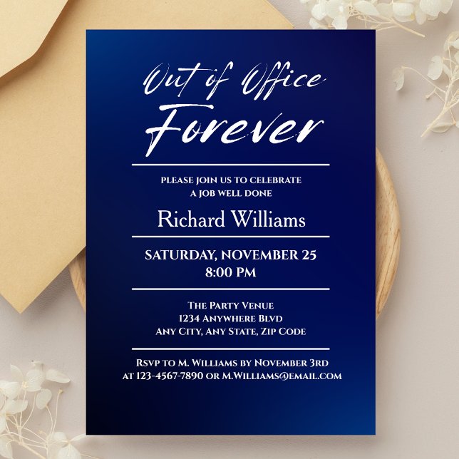 Invitación Fiesta de Jubilación Temática de Azul Moderno fuer (Subido por el creador)