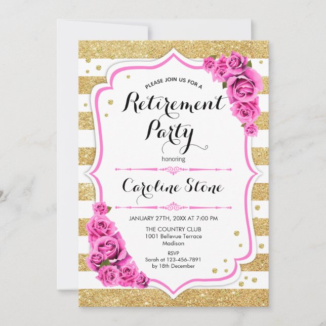 Invitación Fiesta de Jubilación - Tiras blancas de oro Roses  (Anverso)