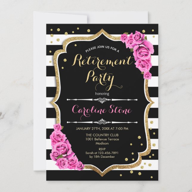 Invitación Fiesta de Jubilación - Tiras blancas negras rosas  (Anverso)