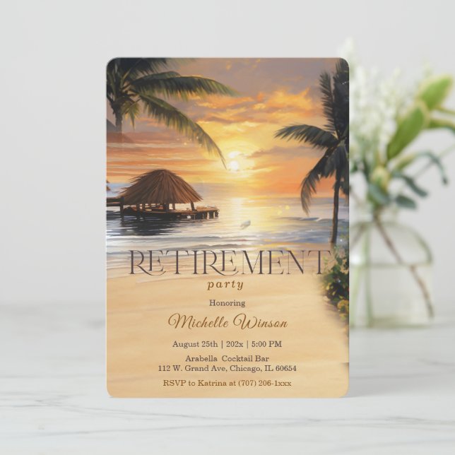 Invitación Fiesta de Jubilación Tropical Con Atardecer (Anverso de pie)