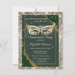 Invitación Fiesta de jubilación verde brillo máscara dorada