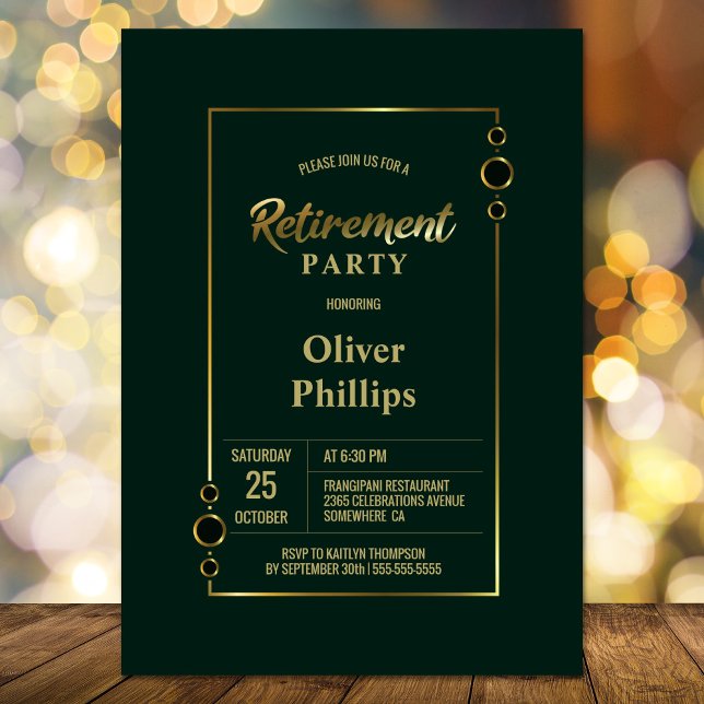 Invitación Fiesta de Jubilación Verde con Fiesta de marco dor (Subido por el creador)