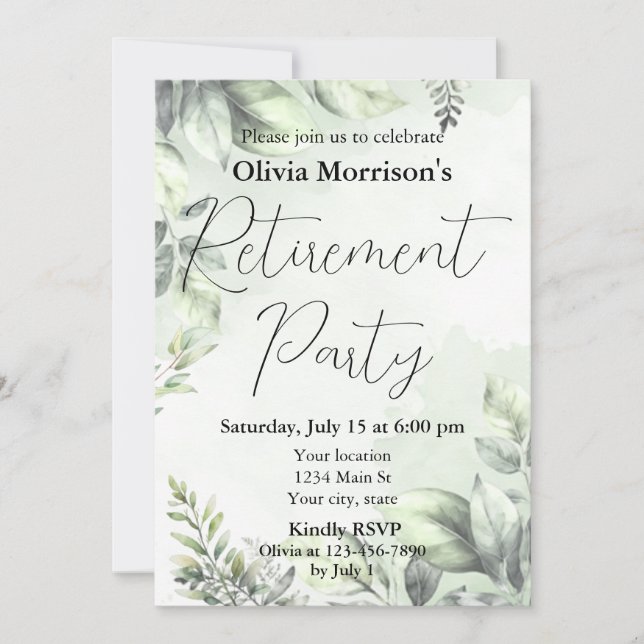 Invitación Fiesta de jubilación verde salvia botánica (Anverso)