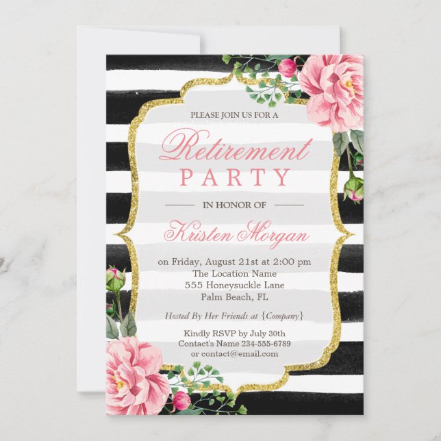 Invitación Fiesta de Jubilación Watercolor Floral Gold Purpur (Anverso)