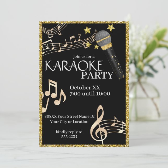 Invitación Fiesta de karaoke de música de micrófono de oro y  (Anverso de pie)
