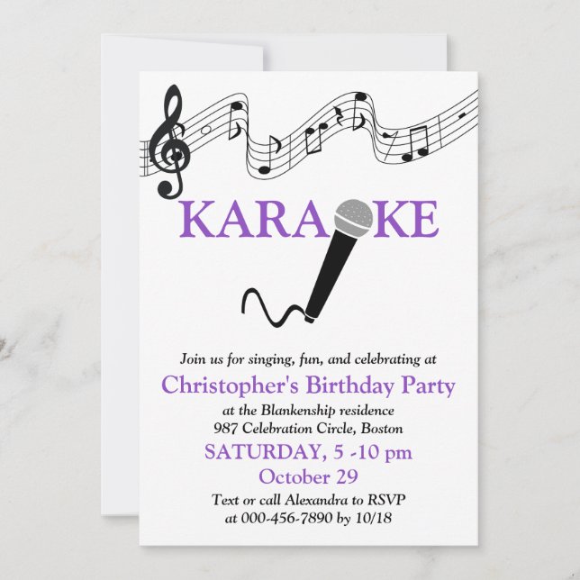 Invitación Fiesta de Karaoke Escala Musical Micrófono Púrpura (Anverso)