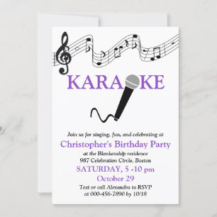 Invitación Fiesta de Karaoke Escala Musical Micrófono Púrpura