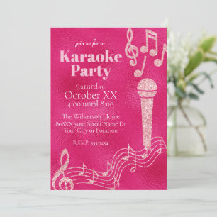 Invitación Fiesta de Karaoke Notas Musicales Purpurina Rosa