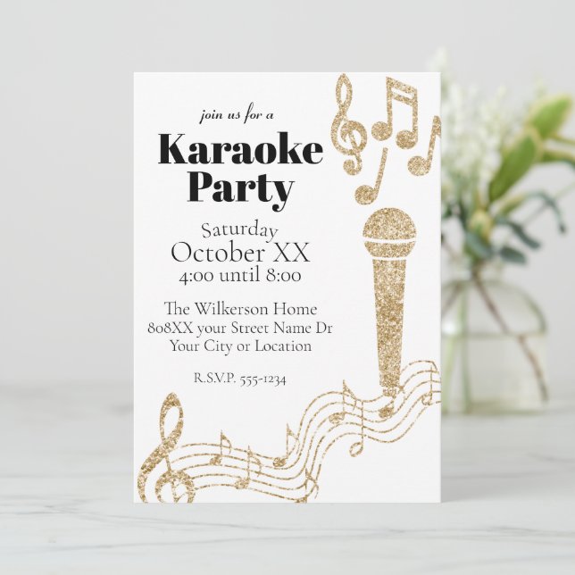 Invitación Fiesta de karaoke Purpurina de oro notas musicales (Anverso de pie)