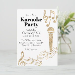 Invitación Fiesta de karaoke Purpurina de oro notas musicales