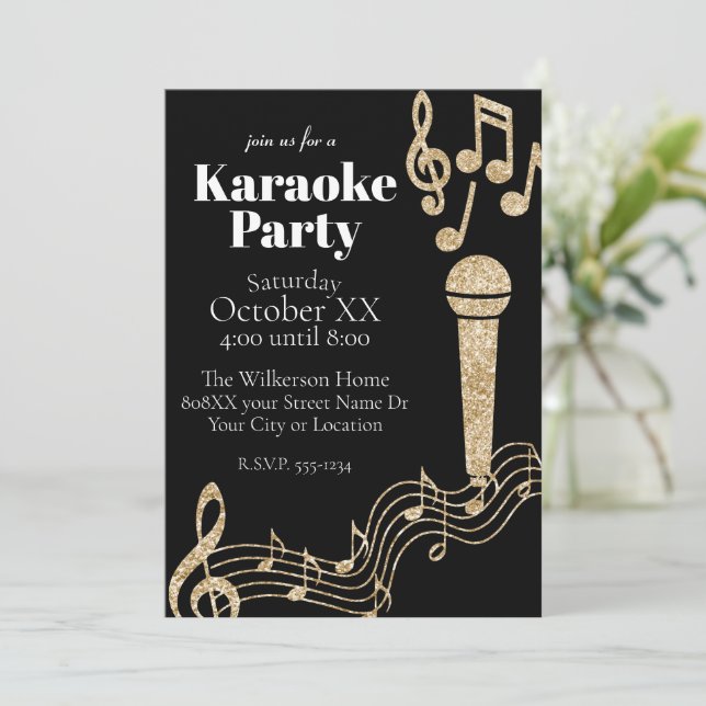 Invitación Fiesta de Karaoke Purpurina de oro notas musicales (Anverso de pie)