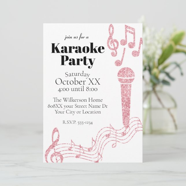 Invitación Fiesta de karaoke Purpurina rosa notas musicales s (Anverso de pie)