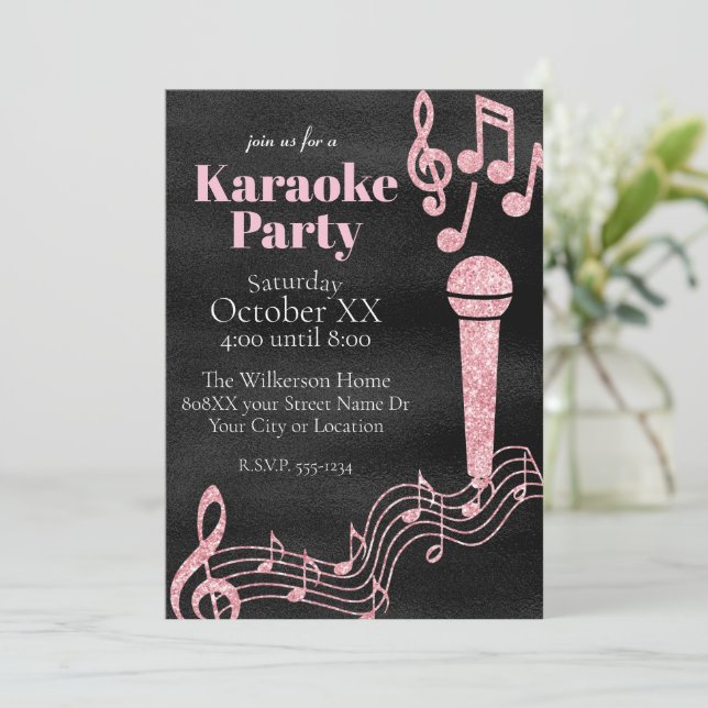 Invitación Fiesta de karaoke Purpurina rosa notas musicales s (Anverso de pie)
