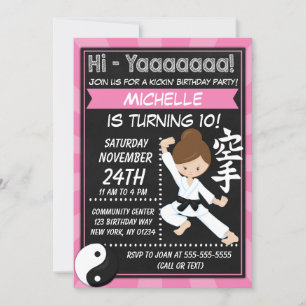 Invitación Fiesta de Karate Chica de Pelo Castaño Cumpleaños