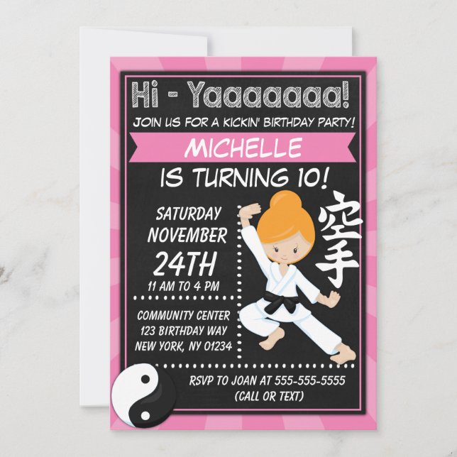 Invitación Fiesta de Karate Chica Pelo Rojo Cumpleaños Infant (Anverso)