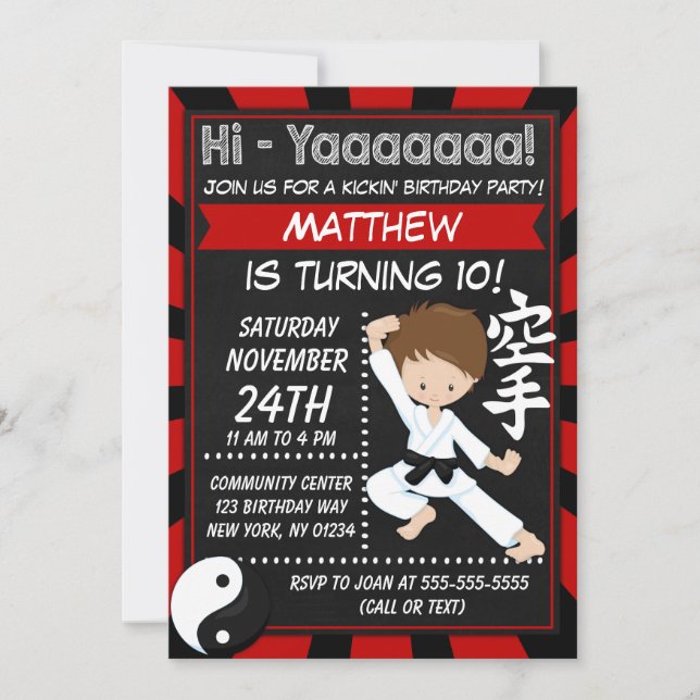 Invitación Fiesta de Karate Chico de Pelo Castaño Cumpleaños  (Anverso)