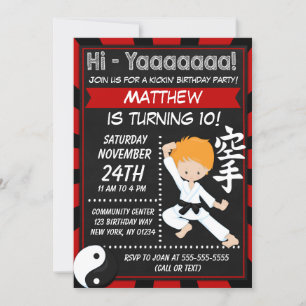 Invitación Fiesta de Karate Niño Pelo Rojo Cumpleaños Infanti